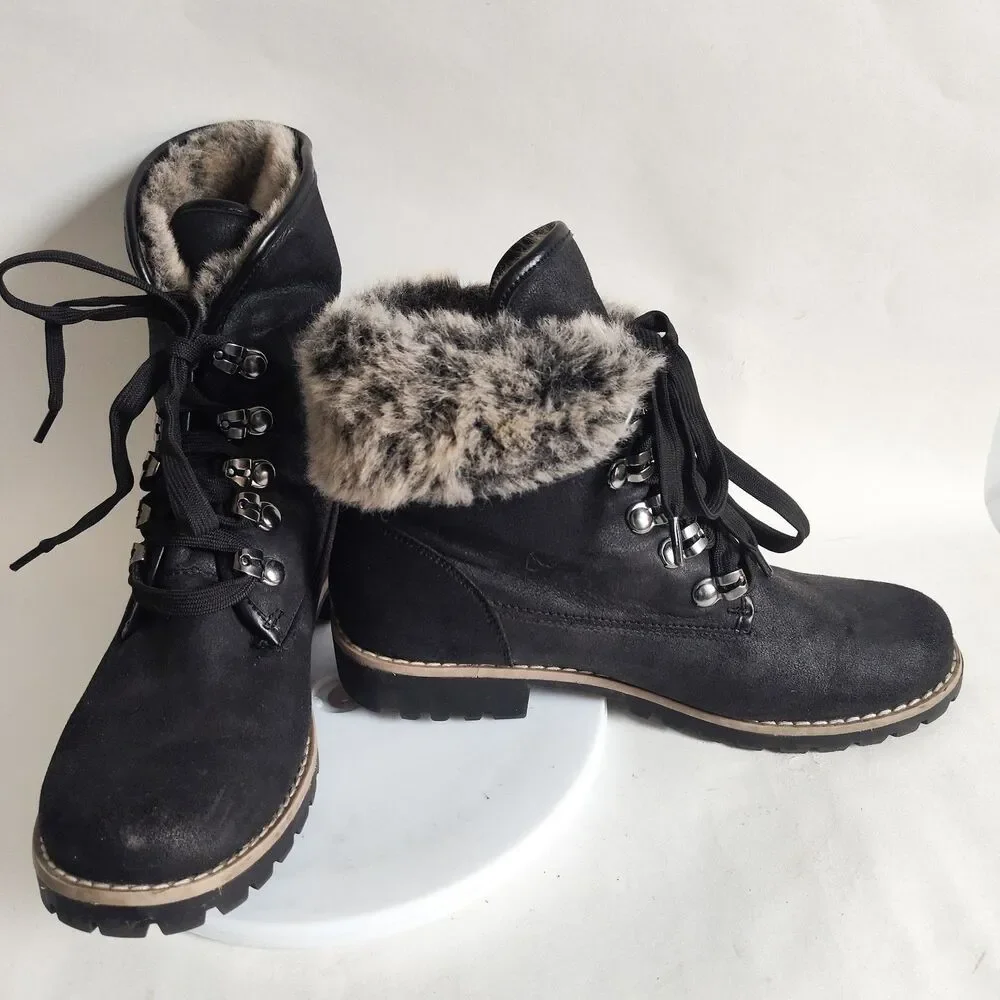 Cliffs White Mountain Size‎ 8.5 Fur Trim Lace Up Black Faux Leather Combat Boots